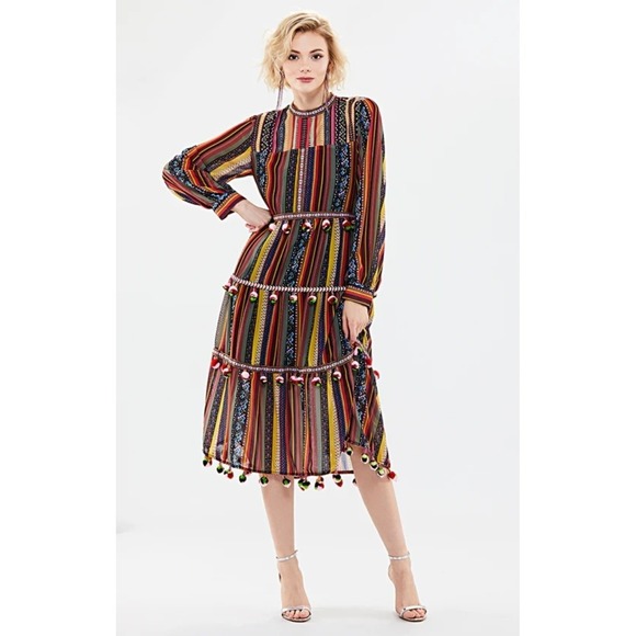 Chelsea & Theodore Dresses & Skirts - Chelsea & Theodore Boho Striped  Maxi Dress with Pom Poms Long Sleeve Bohemian